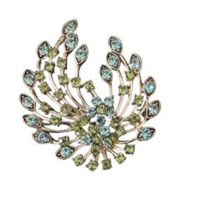 Vintage Silver Brooch with Blue and Green Rhinestonss